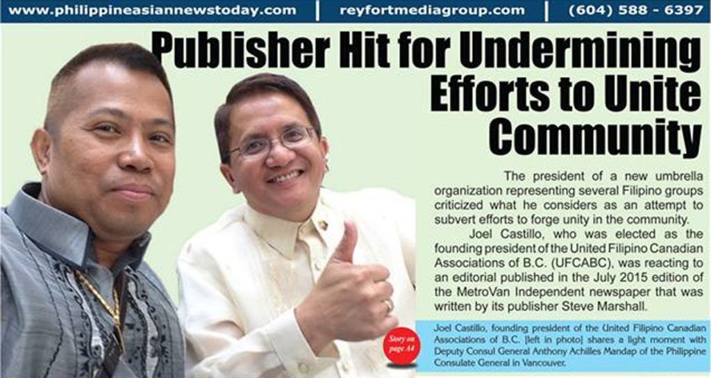Rey Fortaleza's confusing June 2015 PNT front page headline with Deputy Consul Anton Mandap giving the thumbs up and appearing to approve the article.